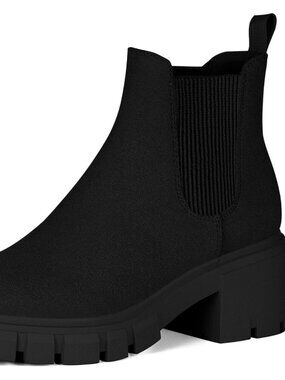 Women Chelsea Black Suede Boot Fashion Lug Sole Chunky Heel Slip On Ankle Bootie